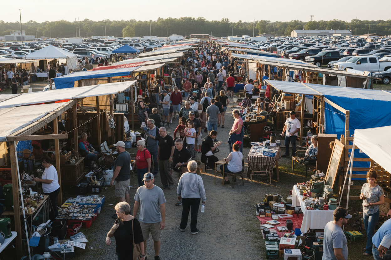 create a photo of rockingham nc flea market on a saturday
